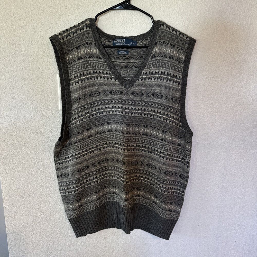 VTG Polo Ralph Lauren Sweater Gray Fair Isle Vest Silk Cashmere Cotton Mens XL